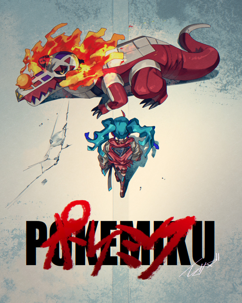 1girl, absurdres, akira_(manga), akira_movie_poster, aqua_hair, character_name, crocodile, crocodilian