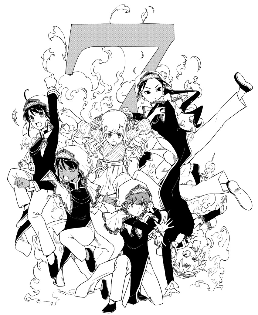 1boy, 5girls, 7_(number), :d, ahoge, clenched_hand, commentary_request, cynthea_loh_tei