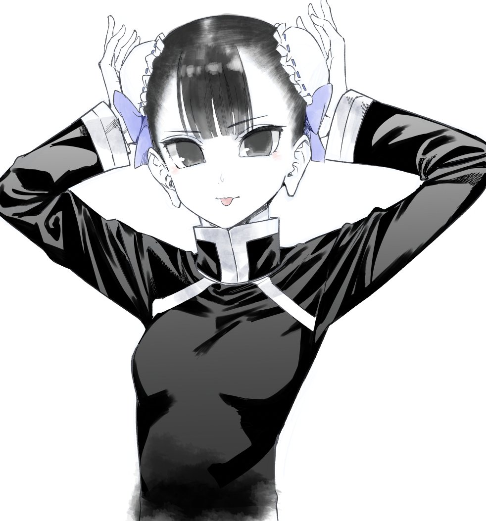 1girl, :p, aya_guunjoh, bow, bun_cover, commentary_request, double_bun, eyelashes, greyscale, hair_bow, hair_bun, hair_ornament, hair_up, happy, kafna_uniform, long_hair, looking_at_viewer, mitsu_izumi, monochrome, official_art, protected_link, simple_background, sketch, smile, solo, spot_color, standing, tongue, tongue_out, toshokan_no_daimajutsushi, white_background