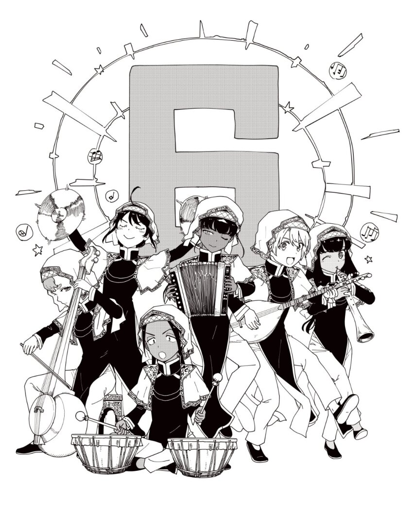 1boy, 5girls, 6_(number), :d, accordion, ahoge, cauicha_hozanyk, closed_eyes, commentary_request, eyelashes, flute, greyscale, happy, highres, instrument, kafna_uniform, long_hair, looking_at_viewer, lute_(instrument), medina_hahal'k, medium_hair, mihona_qoahau, mitsu_izumi, monochrome, multiple_girls, music, musical_note, official_art, one_eye_closed, open_mouth, playing_flute, playing_instrument, protected_link, short_hair, simple_background, sketch, smile, standing, sytlah_cueh, theo_fumis, toshokan_no_daimajutsushi, tutull_xiu, white_background
