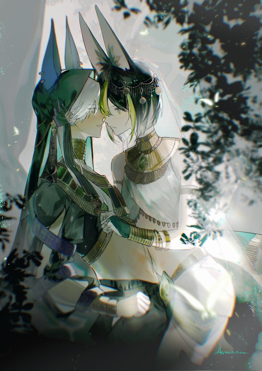 2boys, alternate_costume, animal_ears, arabian_clothes, armian, black_hair, blush, cyno_(genshin_impact), facing_to_the_side, fake_animal_ears, fox_boy, fox_ears, fox_tail, genshin_impact, green_eyes, highres, light_green_hair, looking_at_another, male_focus, medium_hair, multicolored_hair, multiple_boys, red_eyes, short_hair, tail, tan, tighnari_(genshin_impact), white_hair, yaoi