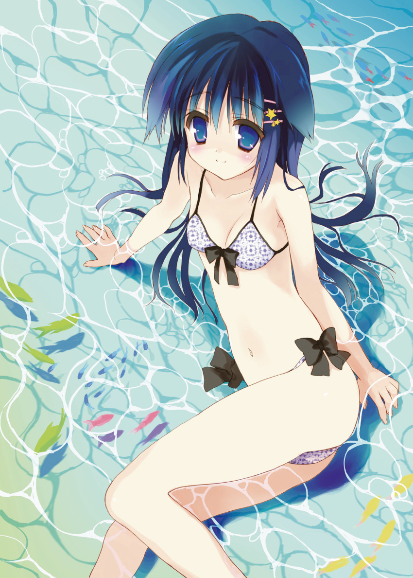 1girl, arm_support, artist_request, bikini, blue_eyes, blue_hair, bow, female_focus
