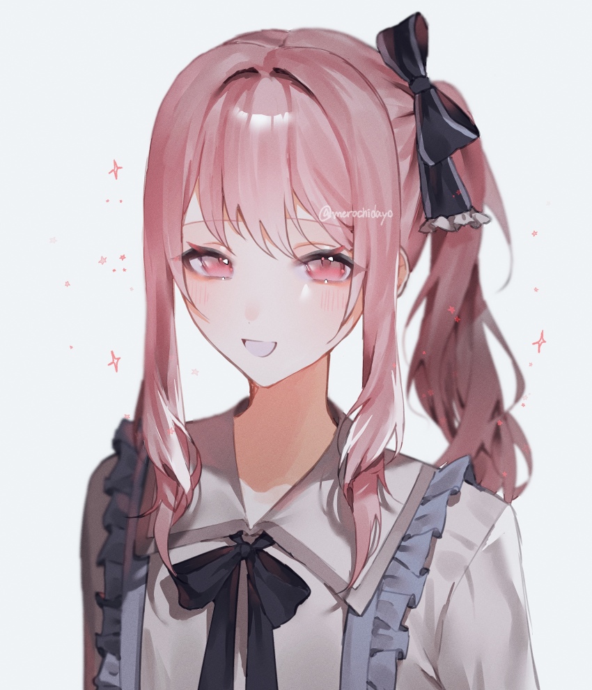 1other, absurdres, akiyama_mizuki, black_bow, blush, bow, highres, long_hair, merochi_(jrwn5423), open_mouth, other_focus, pink_eyes, pink_hair, project_sekai, side_ponytail, simple_background, smile, solo, sparkle, white_background