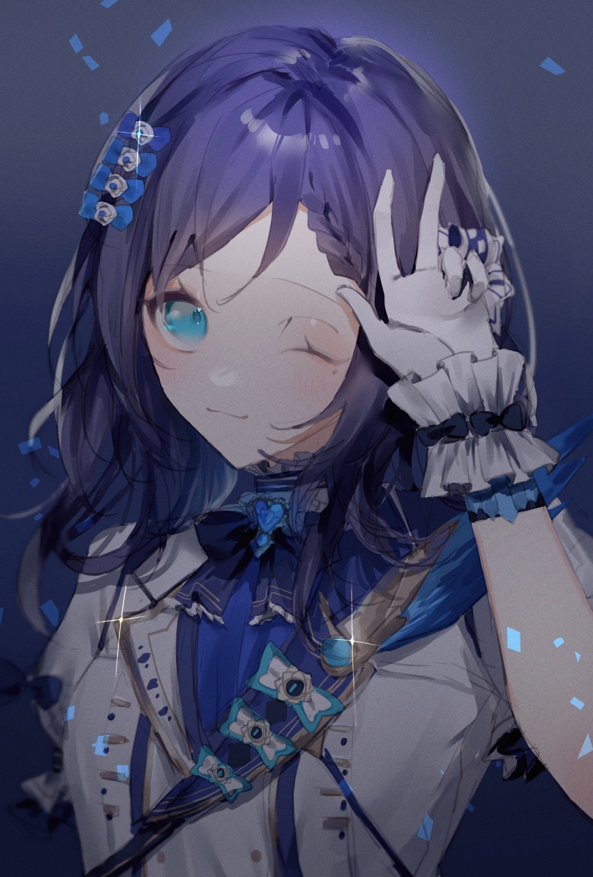 1girl, absurdres, aiba_uiha, aiba_uiha_(1st_costume), blue_eyes, blue_gem, blush, braid