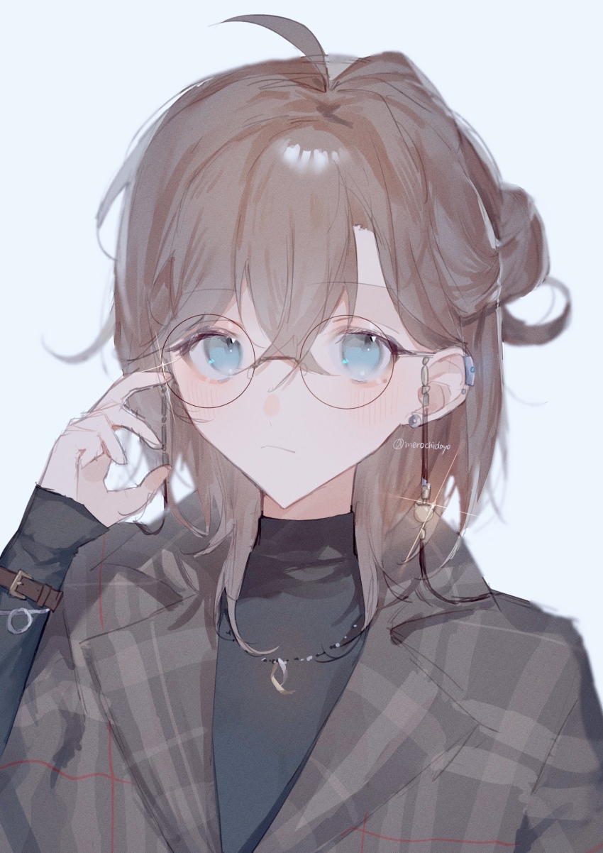 1boy, absurdres, ahoge, blue_eyes, brown_hair, coat, ear_piercing, eyewear_strap