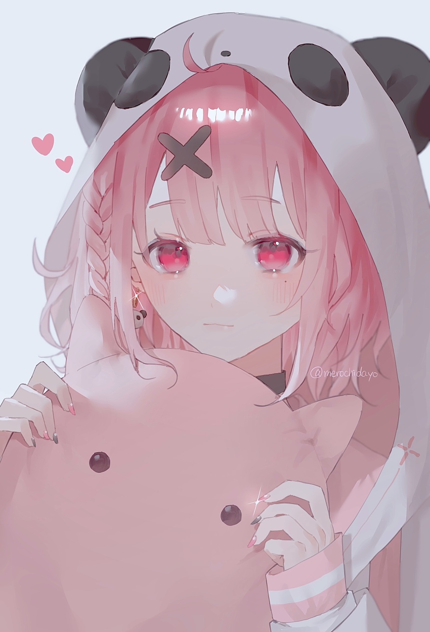 1girl, absurdres, animal_earrings, animal_hood, black_choker, black_nails, blush, braid