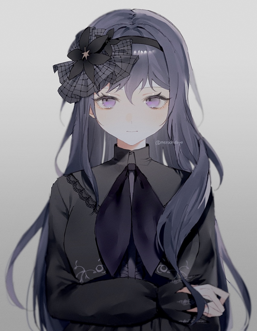 1girl, asahina_mafuyu, black_dress, black_headband, dress, grey_background, headband, highres, lace_trim, long_hair, merochi_(jrwn5423), project_sekai, purple_eyes, purple_hair, simple_background, solo