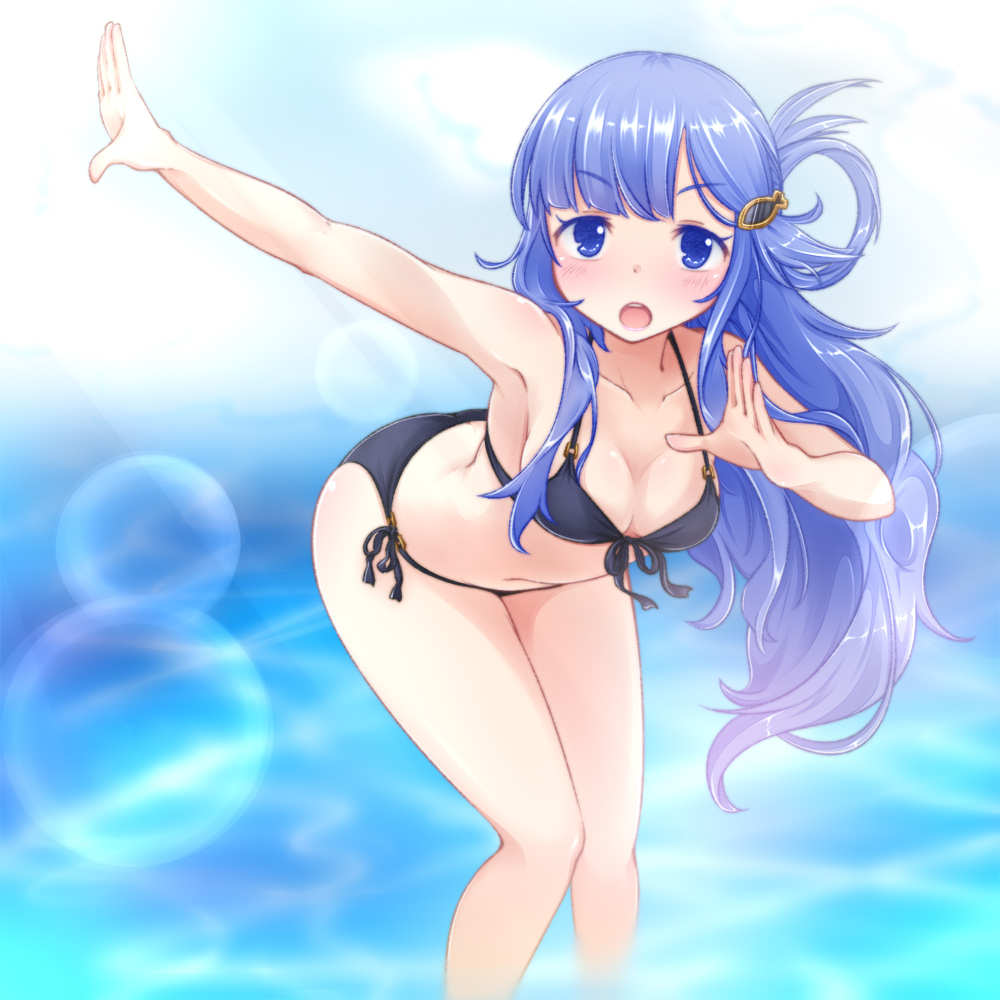 1girl, arm_up, asari_nanami, bare_shoulders, bikini, black_bikini, blue_eyes, blue_hair, blue_sky, blurry, blurry_background, blush, breasts, cleavage, cloud, collarbone, dot_nose, fish_hair_ornament, front-tie_bikini_top, front-tie_top, hair_ornament, hair_over_shoulder, hair_rings, hand_up, hicha_wynn, idolmaster, idolmaster_cinderella_girls, idolmaster_cinderella_girls_starlight_stage, leaning_forward, lens_flare, heavy_lens_flare, long_hair, looking_at_viewer, open_hands, open_mouth, outstretched_arm, side-tie_bikini_bottom, sky, small_breasts, smile, solo, standing, swimsuit, teeth, upper_teeth_only, v-shaped_eyebrows, very_long_hair, wading, water