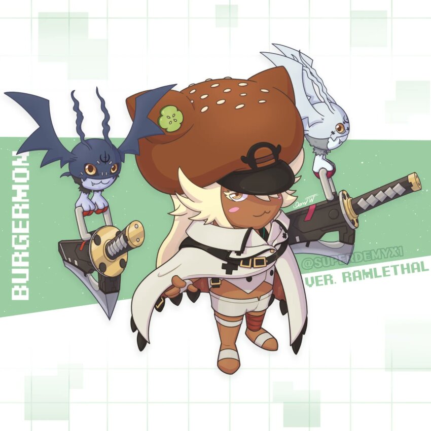 belt, burgamon, cosplay, digimon, digimon_(creature), guilty_gear, hat, highres