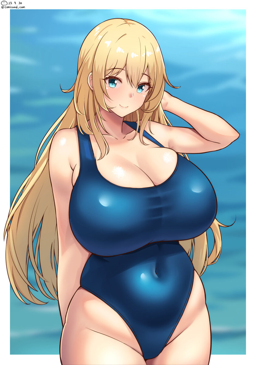 1girl, aqua_eyes, atago_(kancolle), blonde_hair, blue_one-piece_swimsuit, blush, breasts, cleavage