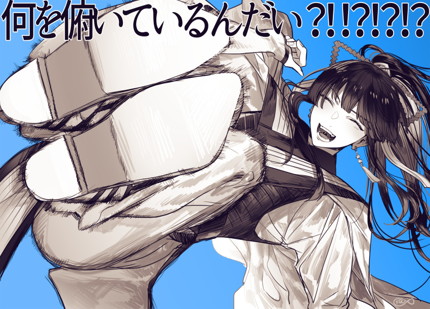 1other, androgynous, blue_background, closed_eyes, commentary_request, earrings, flying_kick, greyscale