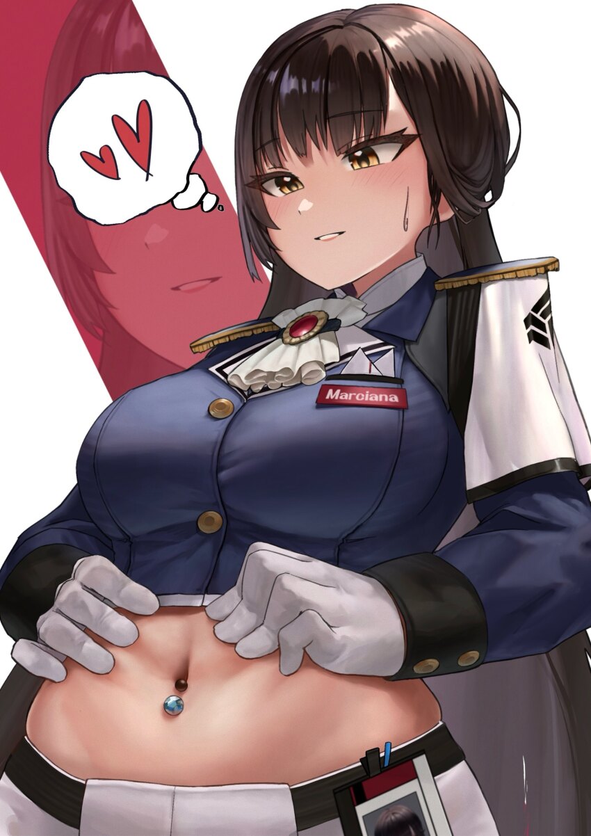 1girl, absurdres, ascot, black_hair, blush, breasts, brown_eyes, commentary_request, cowboy_shot, crop_top, cropped_jacket, epaulettes, gloves, goddess_of_victory:_nikke, heart, highres, id_card, jacket, large_breasts, long_hair, long_sleeves, looking_down, marciana_(nikke), midriff, military_jacket, military_uniform, name_tag, navel, navel_piercing, o_o_k_i_n_a, pants, parted_lips, piercing, sidelocks, smile, solo, spoken_heart, spread_navel, standing, sweat, tight_clothes, tight_pants, white_ascot, white_background, white_gloves, white_pants, zoom_layer