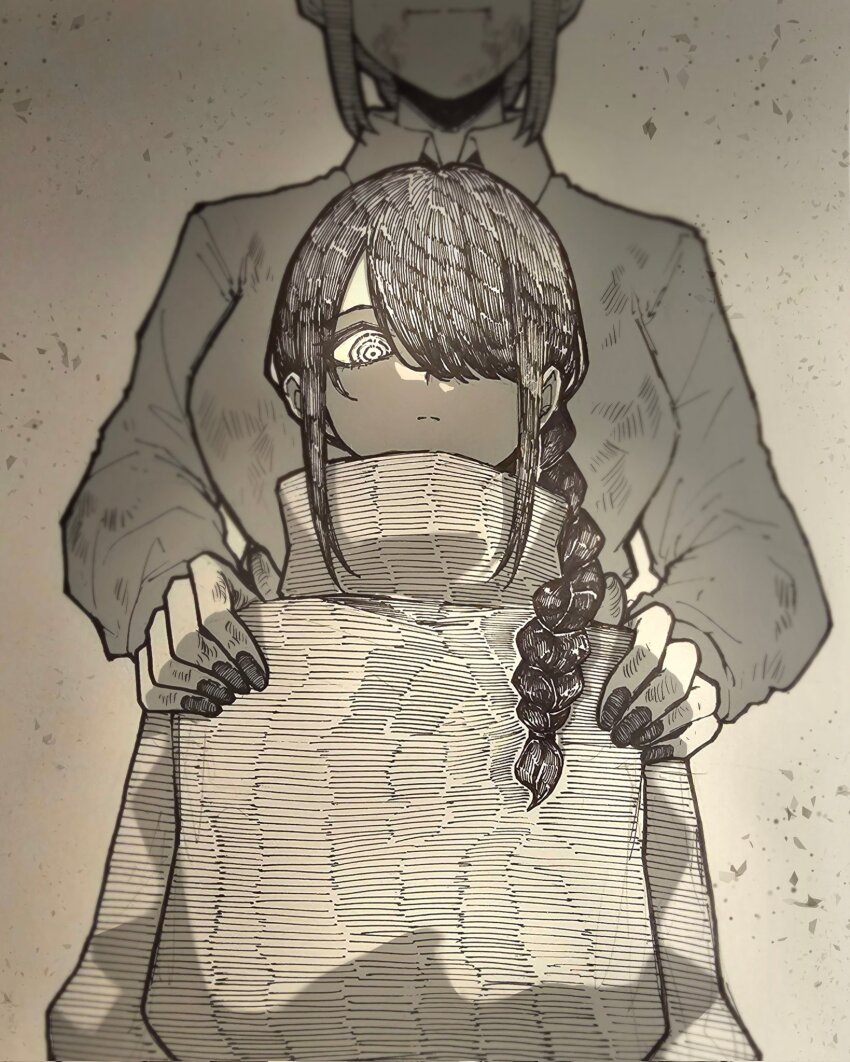 2girls, ballpoint_pen_(medium), braid, breasts, chainsaw_man, closed_mouth, collared_shirt, dirty, dirty_clothes, dirty_face, dress_shirt, epeulu_(ate5424), greyscale, hair_over_one_eye, hands_on_another's_shoulders, highres, large_breasts, long_hair, long_sleeves, looking_at_viewer, makima_(chainsaw_man), monochrome, multiple_girls, nayuta_(chainsaw_man), necktie, pen_(medium), ringed_eyes, shirt, sidelocks, single_braid, standing, sweater, traditional_media, turtleneck, turtleneck_sweater