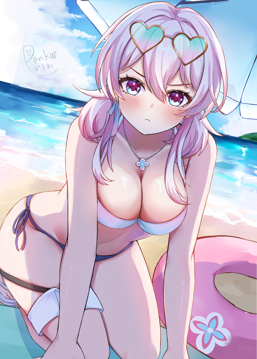 1girl, absurdres, alternate_breast_size, beach, blue_eyes, blush, breasts, cleavage, closed_mouth, commentary_request, earrings, eyewear_on_head, highres, honkai:_star_rail, honkai_(series), innertube, jewelry, large_breasts, looking_at_viewer, march_7th_(honkai:_star_rail), medium_hair, multicolored_eyes, parika, pink_eyes, pink_hair, signature, single_earring, solo, swim_ring, swimsuit, two-tone_eyes