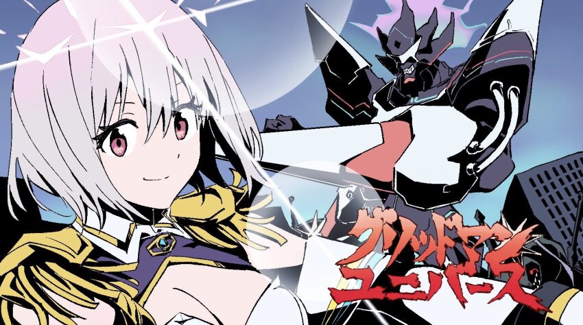 1boy, 1girl, alexis_kerib, alexis_kerib_(new_order), breasts, company_connection, gloves, gridman_universe, gridman_universe_(movie), himagosan, large_breasts, light_purple_hair, looking_at_viewer, red_eyes, shinjou_akane, shinjou_akane_(new_order), short_hair, smile, tengen_toppa_gurren_lagann, trigger_(company), ttgl_eyecatch, white_gloves