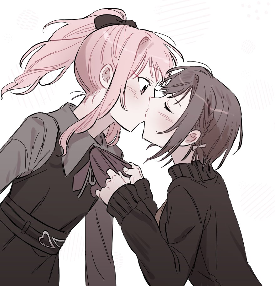 1girl, 1other, akiyama_mizuki, black_bow, blush, bow, bowtie, bowtie_pull