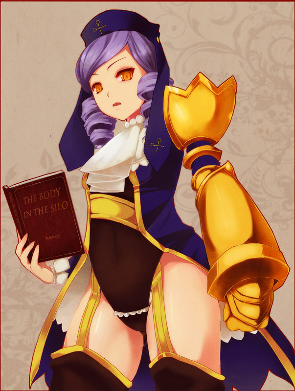 1girl, dlanor_a._knox, drill_hair, eiserne_jungfrau, female_focus, gauntlets, hat, murakata