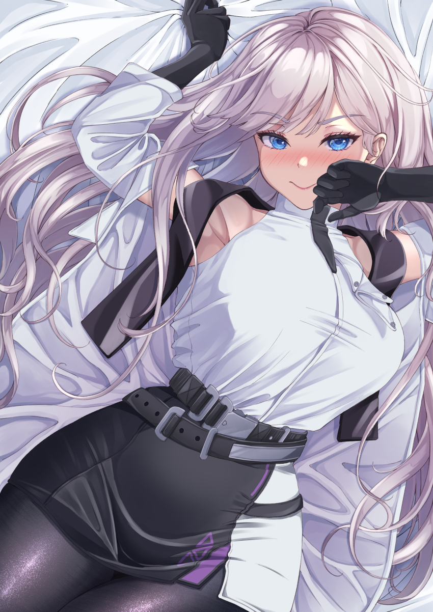 1girl, absurdres, armpits, arms_up, bare_shoulders, bed_sheet, belt, black_belt, black_pantyhose, black_skirt, blue_eyes, blush, breasts, buckle, cecil_(nikke), closed_mouth, coat, commentary, goddess_of_victory:_nikke, grey_hair, highres, large_breasts, long_hair, looking_at_viewer, lying, nose_blush, on_back, open_clothes, open_coat, pantyhose, poohkawa_77, shadow, shirt, shirt_tucked_in, skirt, sleeveless, sleeveless_shirt, snap-fit_buckle, solo, swept_bangs, tented_shirt, two-tone_skirt, white_coat, white_shirt, white_skirt