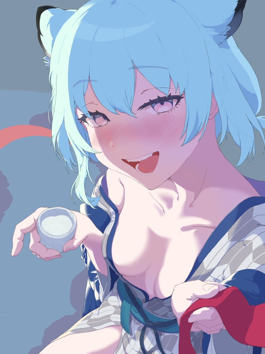 1girl, alcohol, animal_ears, aqua_hair, blue_archive, blush, breasts, choko_(cup), clothes_grab, collarbone, commentary_request, cup, drunk, dutch_angle, from_above, grey_kimono, hair_between_eyes, half-closed_eyes, highres, holding, holding_cup, ibispaint_(medium), japanese_clothes, kimono, korean_commentary, low_twintails, medium_breasts, necktie, necktie_grab, neckwear_grab, nose_blush, obi, open_mouth, pov, purple_eyes, raimti, red_necktie, sake, sash, shigure_(blue_archive), short_hair, smile, thighs, tongue, twintails, weasel_ears, yagasuri