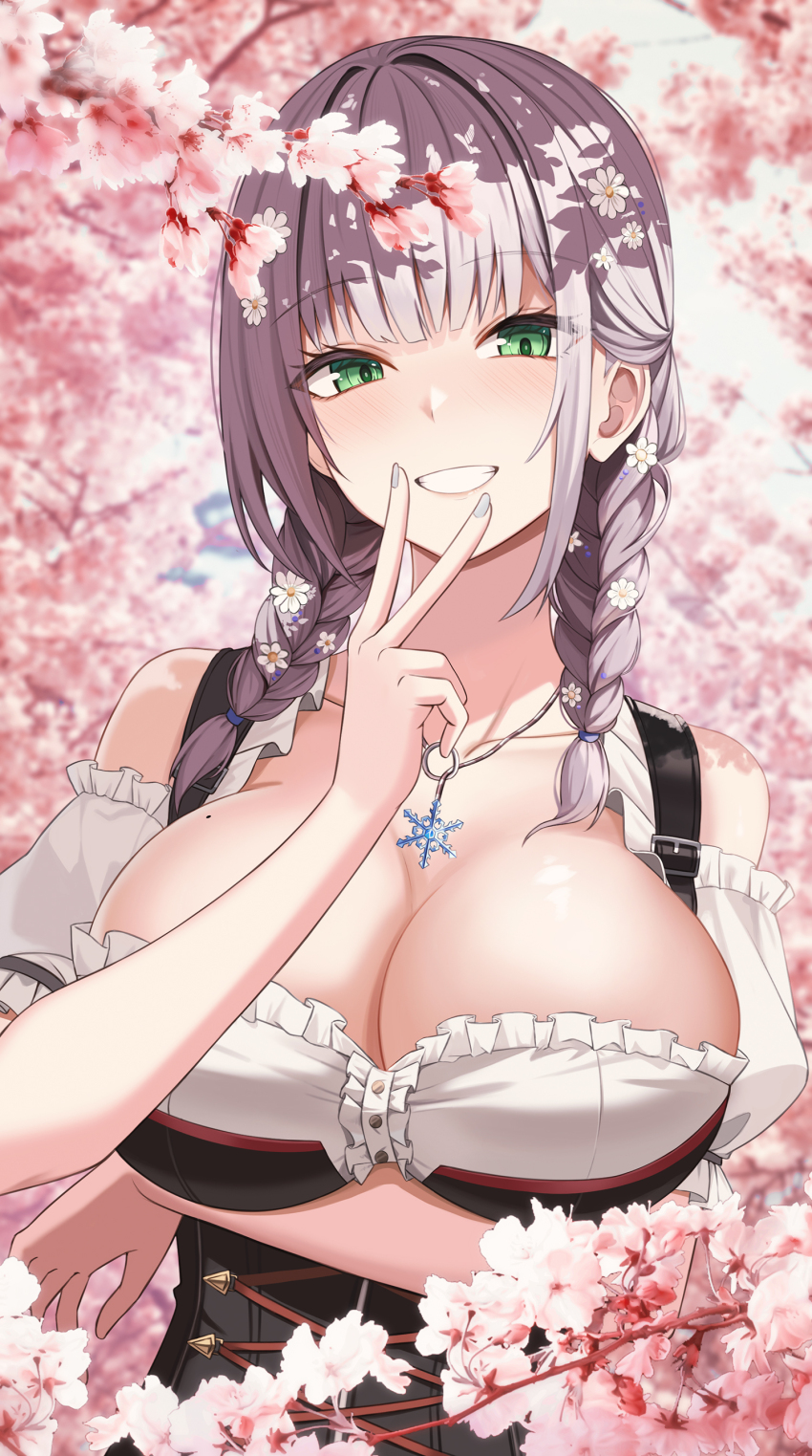 1girl, absurdres, bare_shoulders, braid, breasts, cleavage, green_eyes, grey_hair