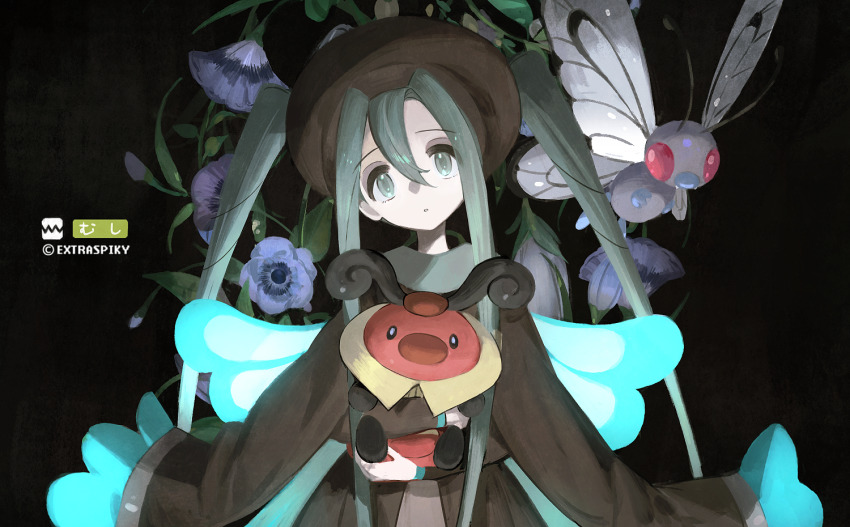 1girl, blue_flower, brown_headwear, bug_miku_(project_voltage), butterfree, commentary, crossover, extraspiky, eyeshadow, flower, gen_1_pokemon, gen_4_pokemon, green_eyes, green_hair, grey_eyeshadow, hair_between_eyes, hat, hatsune_miku, head_tilt, holding, holding_pokemon, kricketot, long_hair, long_sleeves, looking_at_viewer, makeup, nintendo, parted_lips, pokemon, pokemon_(creature), project_voltage, sidelocks, twintails, vocaloid