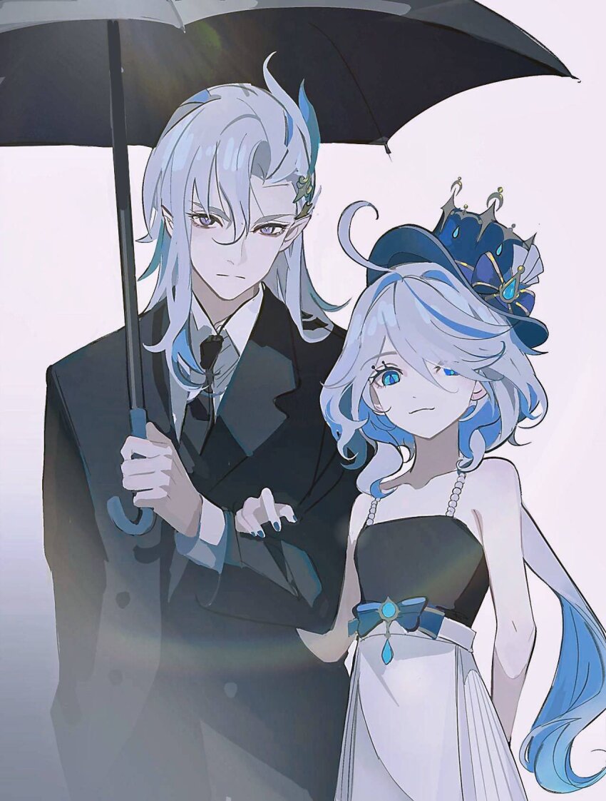 1boy, 1girl, ahoge, alternate_costume, bare_shoulders, black_jacket, black_necktie, black_tank_top