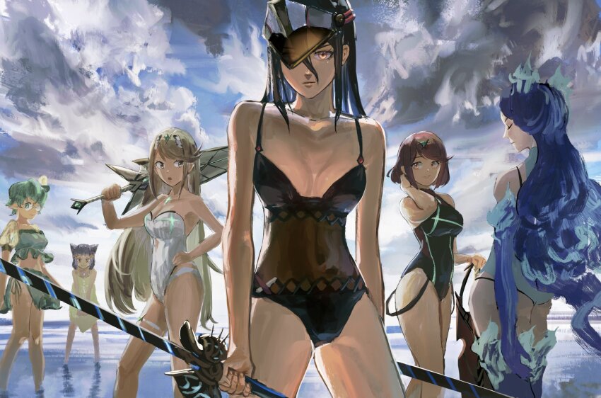 6+girls, aegis_sword_(xenoblade), animal_ears, bare_legs, beach, bikini, black_hair, blonde_hair