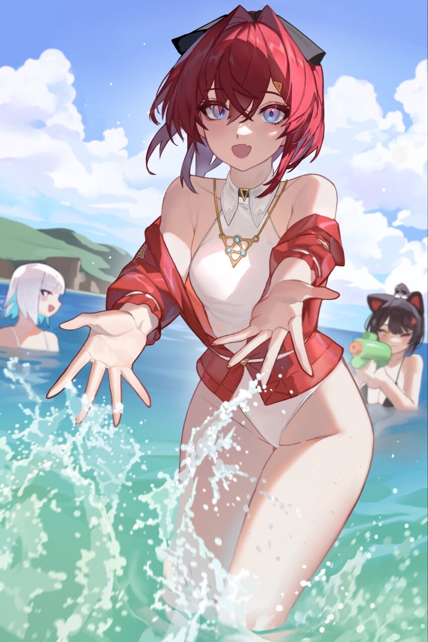 3girls, adapted_costume, ange_katrina, ange_katrina_(1st_costume), animal_ears, bare_shoulders, belt, bikini