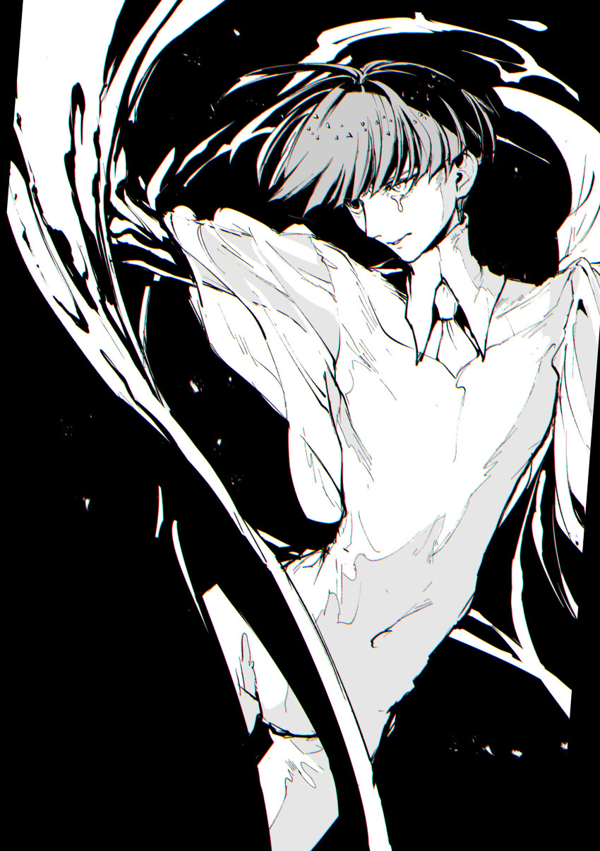 1other, absurdres, androgynous, black_background, blunt_ends, bowl_cut, crying, crying_with_eyes_open