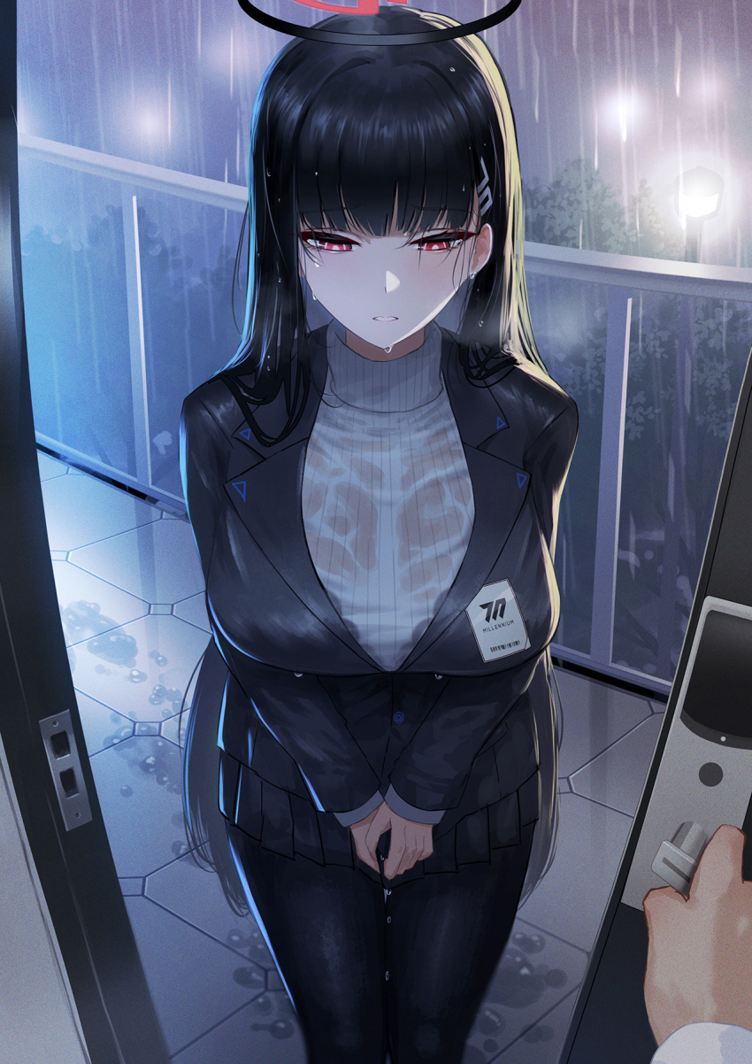 1boy, 1girl, black_bra, black_hair, black_jacket, black_pantyhose, blue_archive, blush, bra, bra_visible_through_clothes, breasts, bright_pupils, commentary_request, doorway, gino_(gino_h), hair_ornament, hairclip, halo, highres, id_card, jacket, large_breasts, long_hair, open_door, opening_door, pantyhose, partial_commentary, pleated_skirt, pov_doorway, rain, red_eyes, ribbed_sweater, rio_(blue_archive), skirt, solo_focus, sweater, turtleneck, turtleneck_sweater, underwear, very_long_hair, wet, wet_sweater, white_pupils, white_sweater