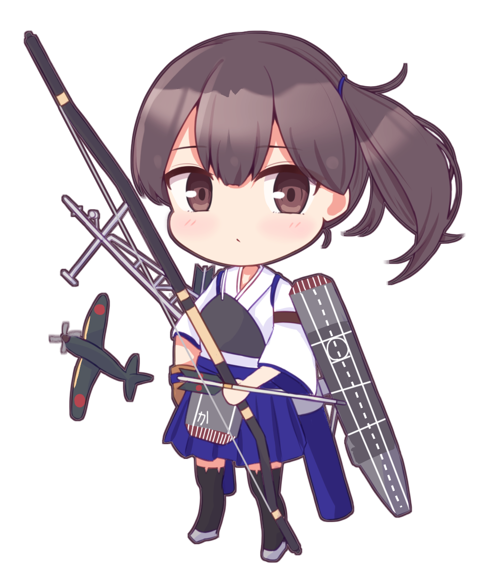 1girl, aircraft, airplane, black_hair, black_thighhighs, blue_hakama, bow_(weapon), brown_eyes, brown_gloves, chibi, flight_deck, full_body, gloves, hakama, hakama_short_skirt, hakama_skirt, japanese_clothes, kaga_(kancolle), kaga_kai_ni_(kancolle), kantai_collection, kominato_haru, long_hair, looking_at_viewer, muneate, partially_fingerless_gloves, partly_fingerless_gloves, side_ponytail, single_glove, skirt, solo, standing, tasuki, thighhighs, weapon, yugake