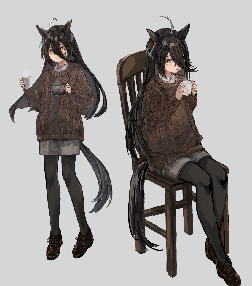 1girl, absurdres, ahoge, animal_ears, black_pantyhose, brown_footwear, brown_sweater, chair