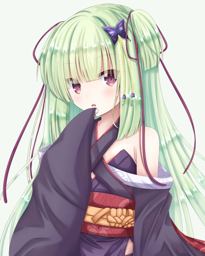 1girl, bare_shoulders, black_kimono, blunt_bangs, blunt_ends, butterfly_hair_ornament, commentary, cowboy_shot