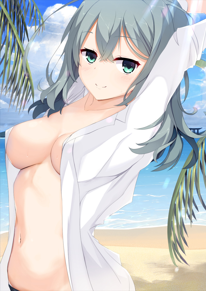 1girl, aqua_eyes, aqua_hair, arms_up, beach, blush, breasts, closed_mouth