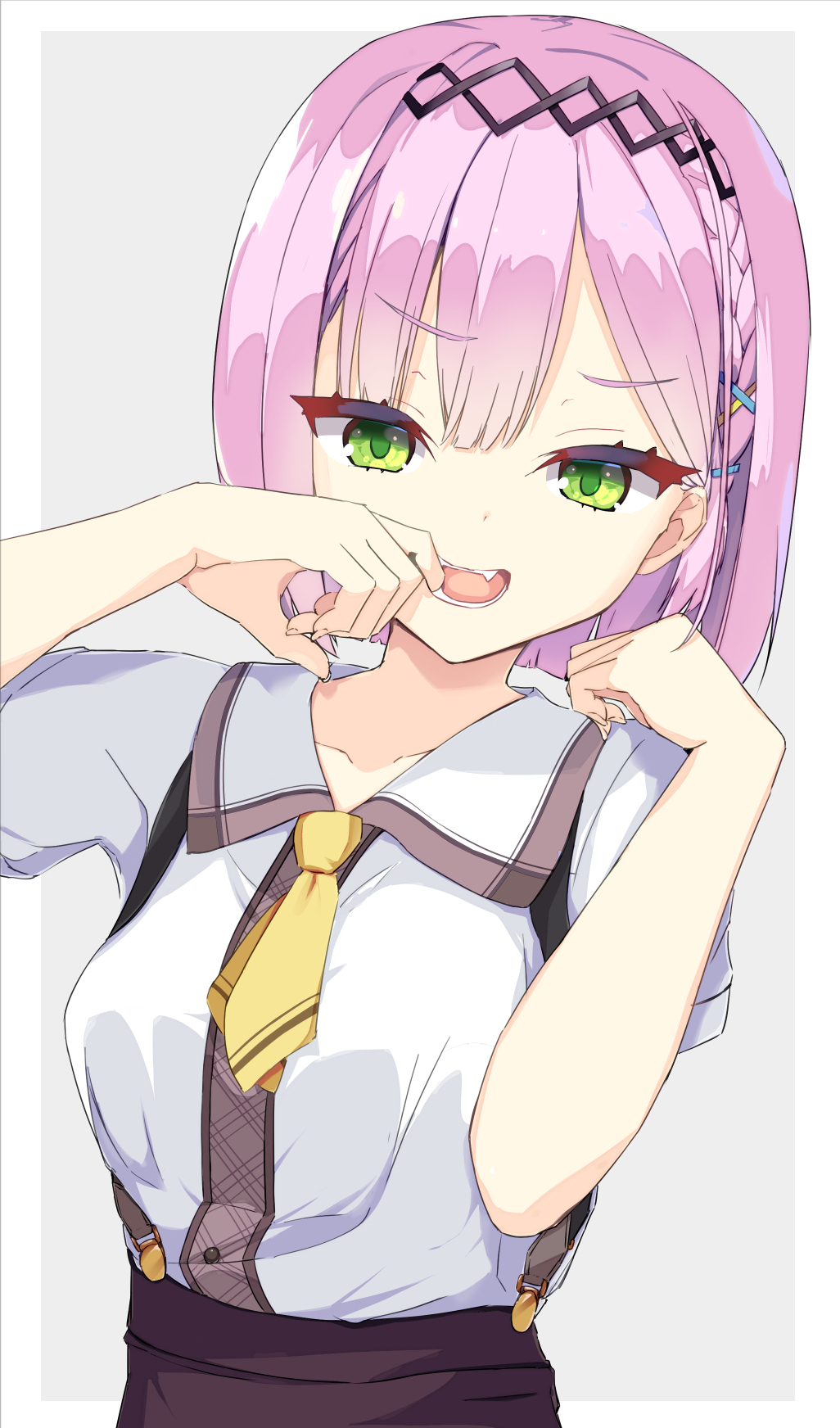 1girl, black_hairband, bob_cut, border, braid, breasts, brown_skirt, commentary_request