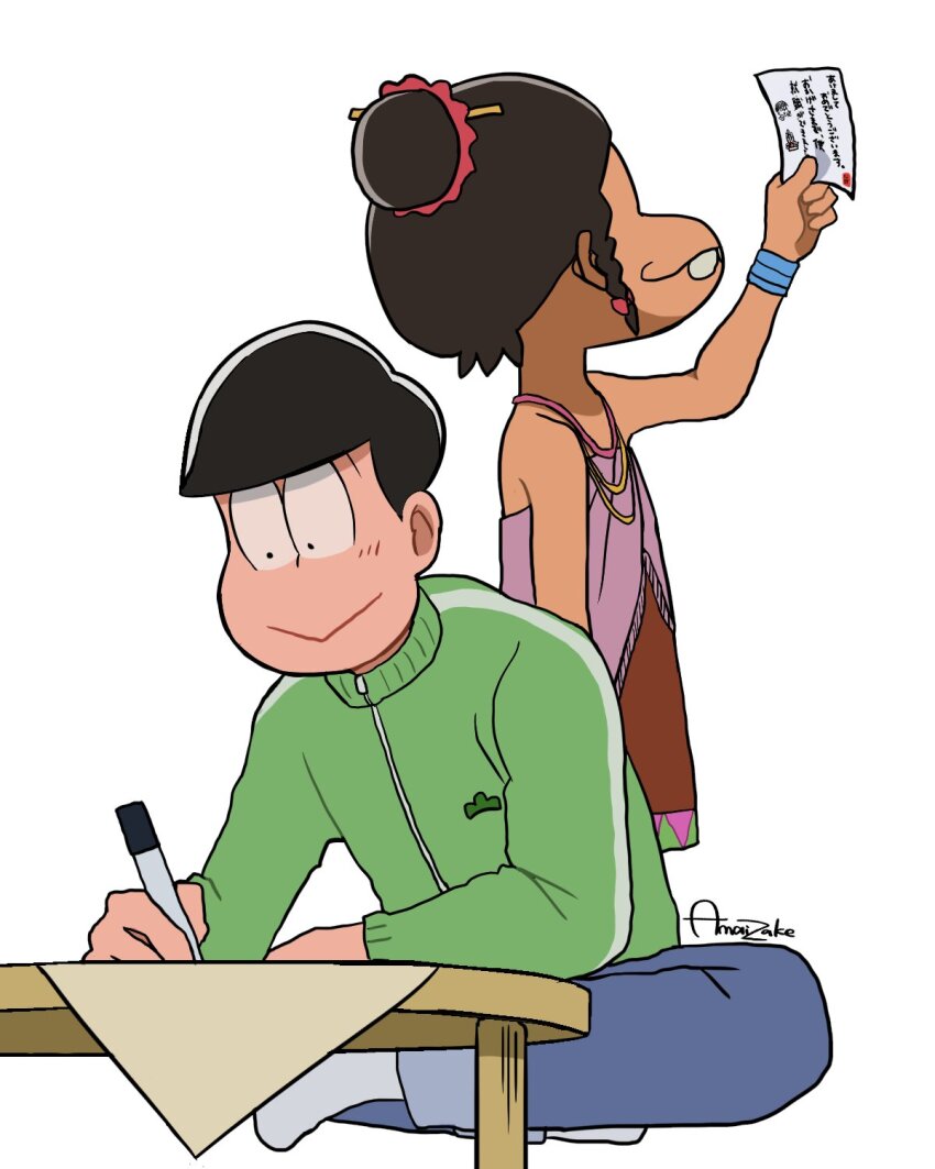 1boy, 1girl, amaizake, black_hair, bracelet, brown_hair, dark-skinned_female, dark_skin