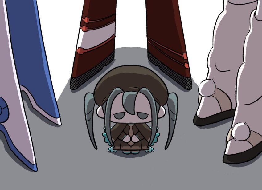 4girls, beret, blue_footwear, boots, brown_cape, brown_dress, brown_headwear, brown_necktie, bug_miku_(project_voltage), cape, chibi, commentary_request, dress, fire_miku_(project_voltage), flying_miku_(project_voltage), grey_eyes, grey_hair, hat, hatsune_miku, high_heel_boots, high_heels, leg_warmers, looking_at_viewer, multiple_girls, multiple_persona, necktie, nintendo, pokemon, pom_pom_(clothes), project_voltage, red_footwear, rock_miku_(project_voltage), shadow, sidelocks, simple_background, size_difference, standing, surrounded, tareme, tonkatsu_(to_n_ka_tsu106), twintails, two-tone_footwear, v_arms, vocaloid, white_background, white_footwear, white_leg_warmers