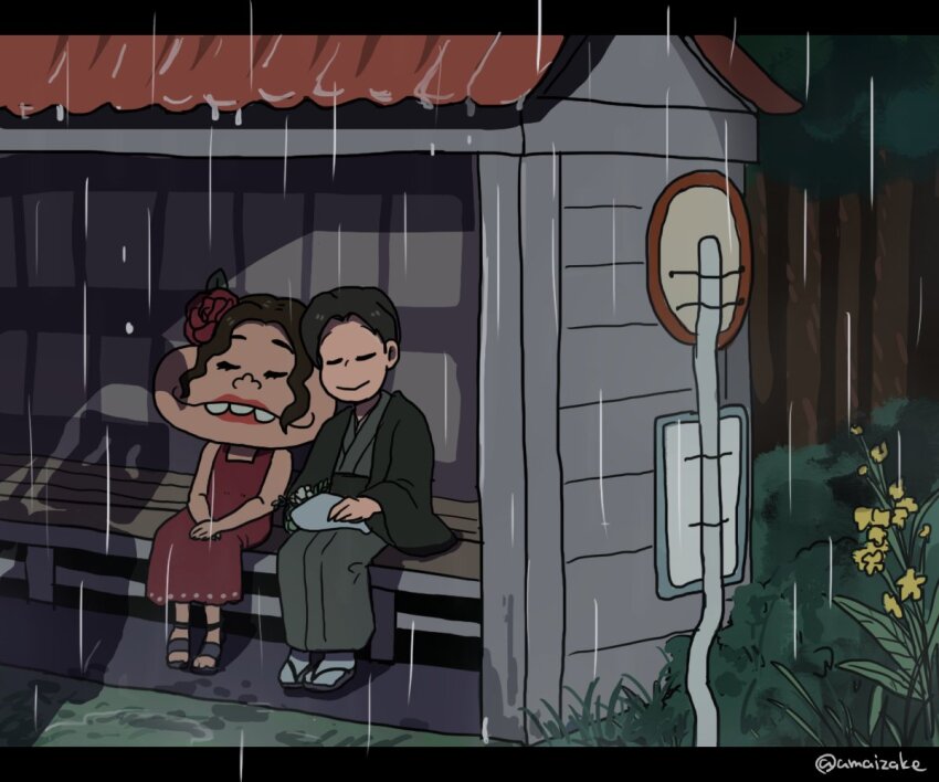 1girl, 2boys, amaizake, artist_name, bench, bus_stop, dark-skinned_female, dark_skin, dayoon_girl, flower, green_kimono, japanese_clothes, kimono, leaning_on_person, matsuno_choromatsu, matsuno_jyushimatsu, multiple_boys, osomatsu-san, osomatsu-san:_hesokuri_wars, osomatsu_(series), outdoors, rain, red_lips, road_sign, sandals, shadow, sign, sleeping, tree, yukata