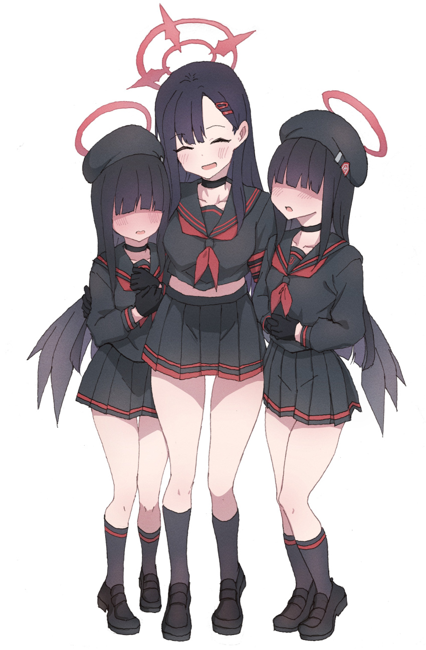 3girls, absurdres, black_choker, black_footwear, black_gloves, black_hair, black_headwear, black_sailor_collar