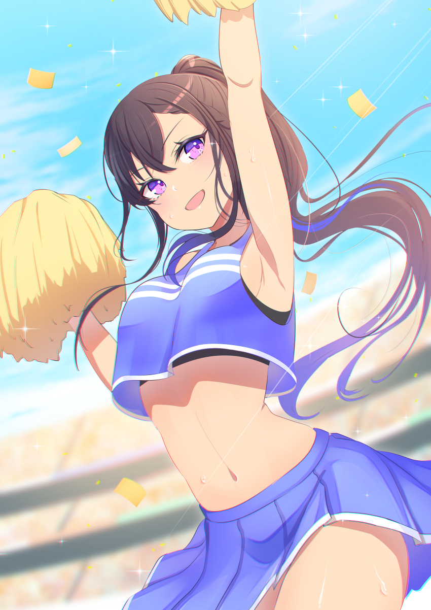 1girl, absurdres, alternate_costume, arm_up, armpits, black_bra, blue_hair, blue_skirt