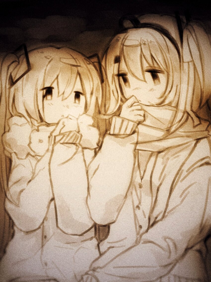 2girls, a.i._voice, adachi_rei, alternate_costume, cardigan, coat, commentary, film_grain, hair_ornament, hair_ribbon, hairclip, hand_up, hands_up, hatsune_miku, headlamp, height_difference, highres, jacket, light_blush, long_hair, long_sleeves, looking_at_another, medium_hair, monochrome, multiple_girls, neck_warmer, nme_0039, one_side_up, own_hands_together, parted_lips, ribbon, scarf, scarf_pull, sepia, side-by-side, twintails, upper_body, utau, vignetting, vocaloid