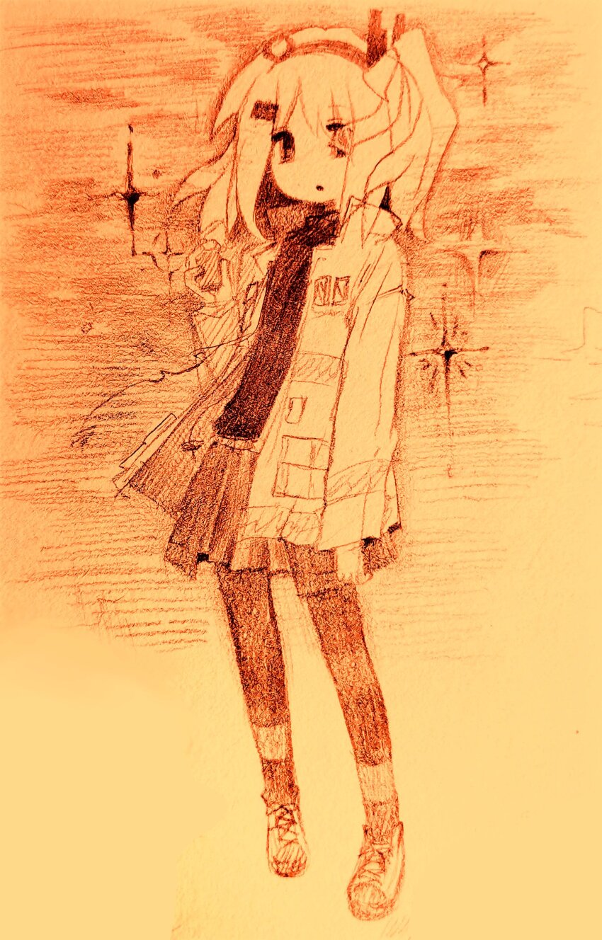 1girl, :o, a.i._voice, adachi_rei, arm_at_side, commentary, contrapposto, drawstring, expressionless, floating_hair, full_body, hair_ornament, hair_over_one_eye, hair_ribbon, hairclip, hand_up, headlamp, highres, holding, jacket, looking_at_viewer, medium_hair, monochrome, netsu_ijou_(utau), nme_0039, one_side_up, open_clothes, open_jacket, open_mouth, orange_theme, overskirt, pleated_skirt, radio_antenna, ribbon, shirt, shirt_tucked_in, shoes, skirt, sneakers, solo, sparkle, standing, traditional_media, utau