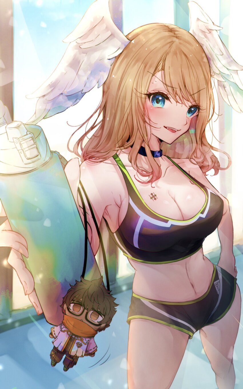 1girl, armpit_crease, blue_eyes, body_markings, bottle, breasts, choker, cleavage, eunie_(xenoblade), head_wings, highres, large_breasts, light_brown_hair, navel, nemu_(ut_kakinotane), shaking, solo, sports_bra, sportswear, stuffed_toy, taion_(xenoblade), water_bottle, wings, xenoblade_chronicles_(series), xenoblade_chronicles_3