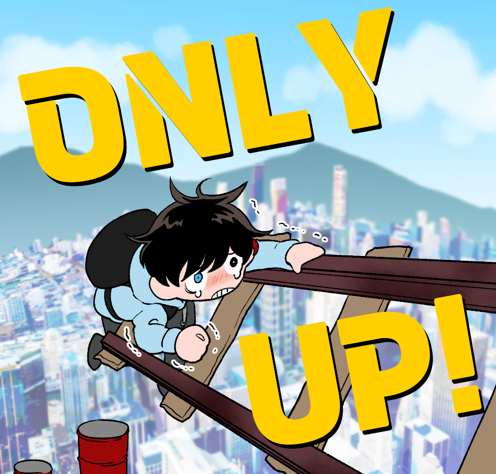 1boy, backpack, bag, black_eyes, black_hair, blue_eyes, blue_hoodie, climbing