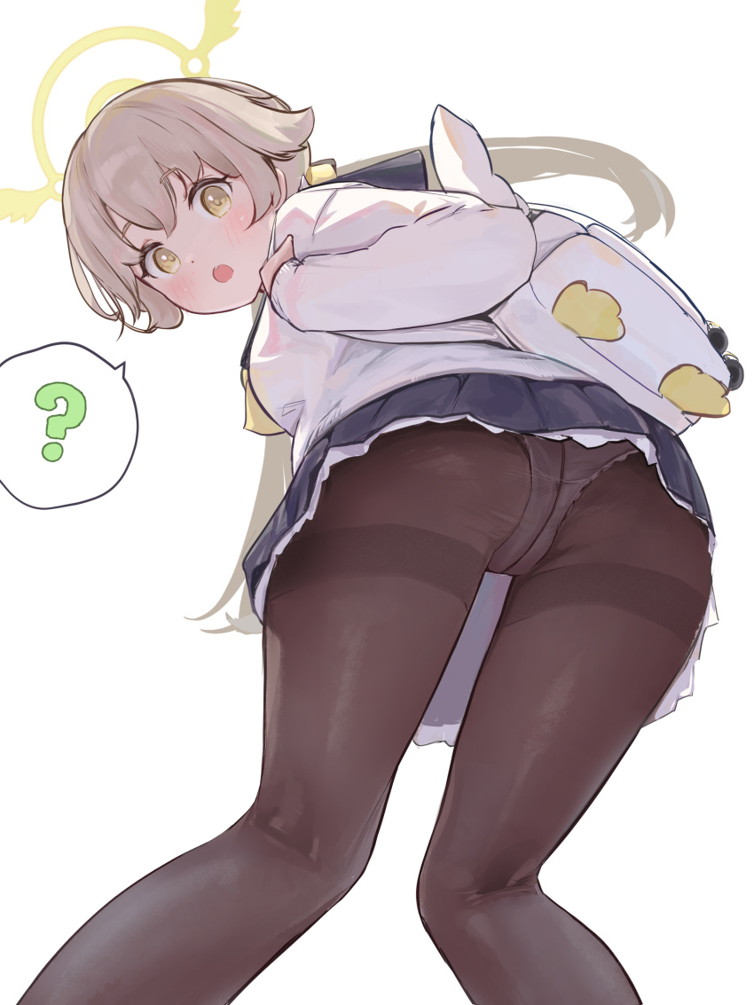 1girl, :o, ?, absurdres, ass, backpack, bag, black_skirt, blue_archive, blush, brown_hair, brown_pantyhose, crotch_seam, feet_out_of_frame, from_behind, from_below, halo, hifumi_(blue_archive), highres, kneepits, long_hair, long_sleeves, looking_at_viewer, looking_back, looking_down, low_twintails, miniskirt, open_mouth, pantyhose, pleated_skirt, ryh4, school_uniform, serafuku, shirt, simple_background, skirt, solo, speech_bubble, spoken_question_mark, standing, thighband_pantyhose, twintails, upskirt, white_background, white_shirt, yellow_eyes