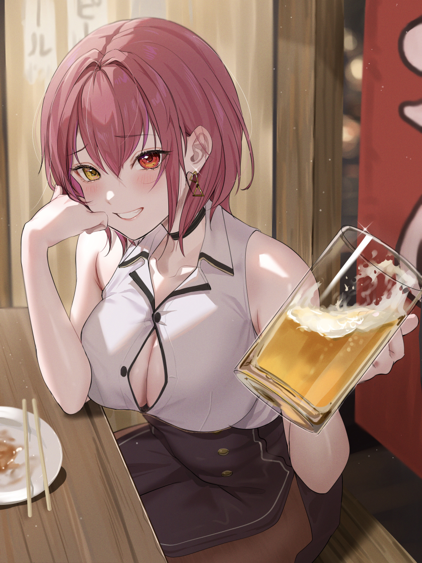 1girl, absurdres, bare_shoulders, black_choker, black_pantyhose, black_skirt, blush, breasts