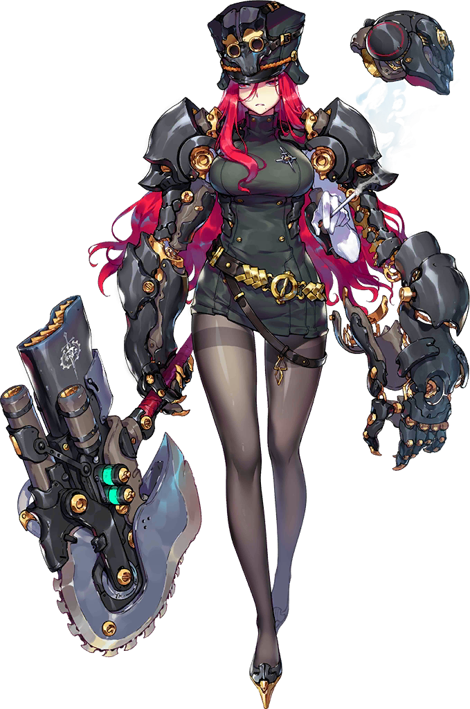 1girl, axe, breasts, chainsaw, cigarette, constance_(iron_saga), cyborg, floating_skull, full_body, hat, holding, holding_axe, holding_chainsaw, holding_cigarette, iron_saga, long_hair, mechanical_arms, medium_breasts, mole, mole_under_mouth, official_art, pantyhose, red_eyes, red_hair, simple_background, thighhighs