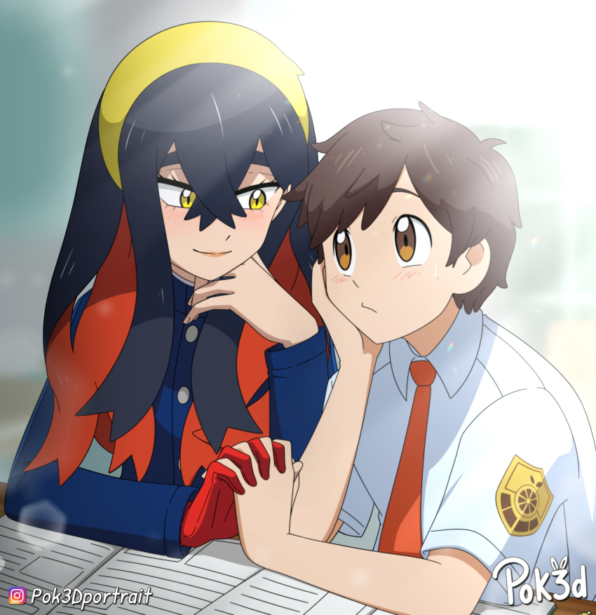 1boy, 1girl, absurdres, black_hair, blue_jacket, book, brown_hair, buttons