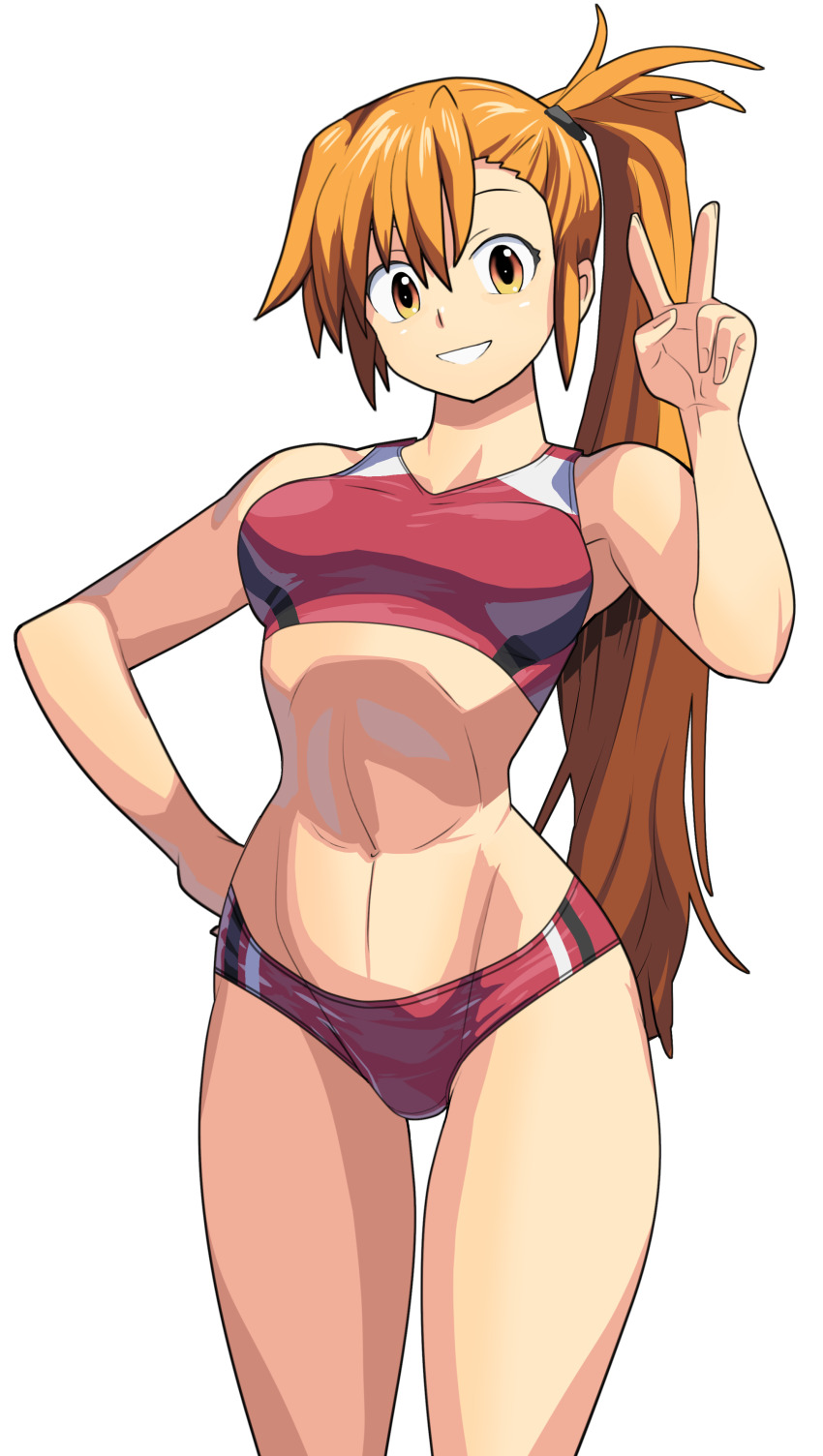 1girl, absurdres, cowboy_shot, grin, hand_on_own_hip, highres, kita_hiroyume, kurama-chan_ni_guitte_shitara_pisha_tte_sareta, oggy_(oggyoggy), orange_hair, smile, solo, sportswear, toned, transparent_background, v