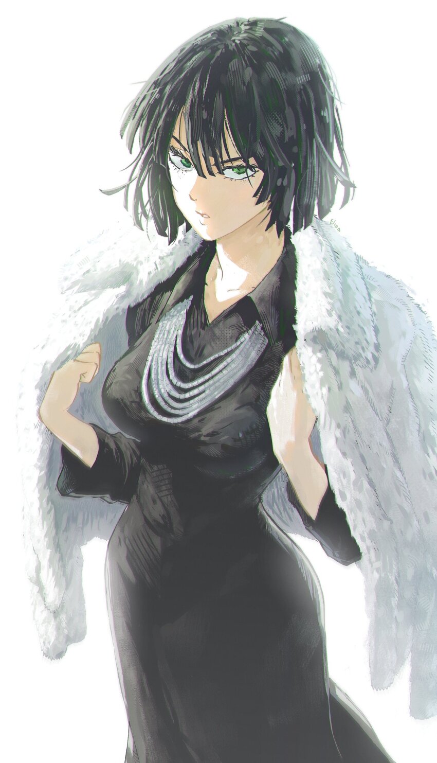 1girl, black_dress, coat, commentary, dark_green_hair, dress, eliasdessin, fubuki_(one-punch_man)